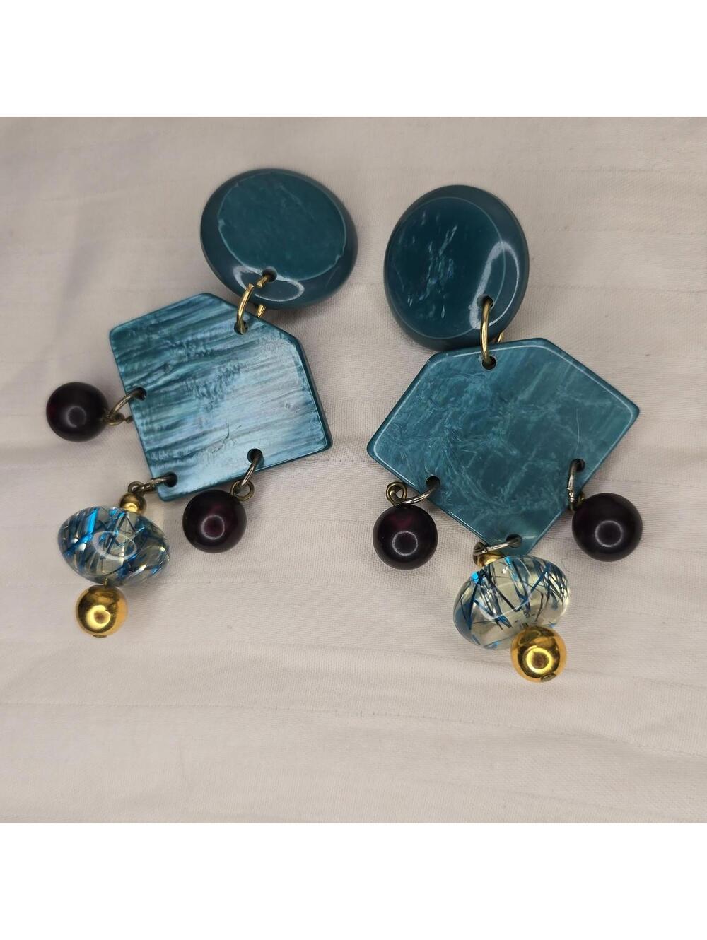 Vintage 80s Artisan Style Enamel Bead Clip On Earrings